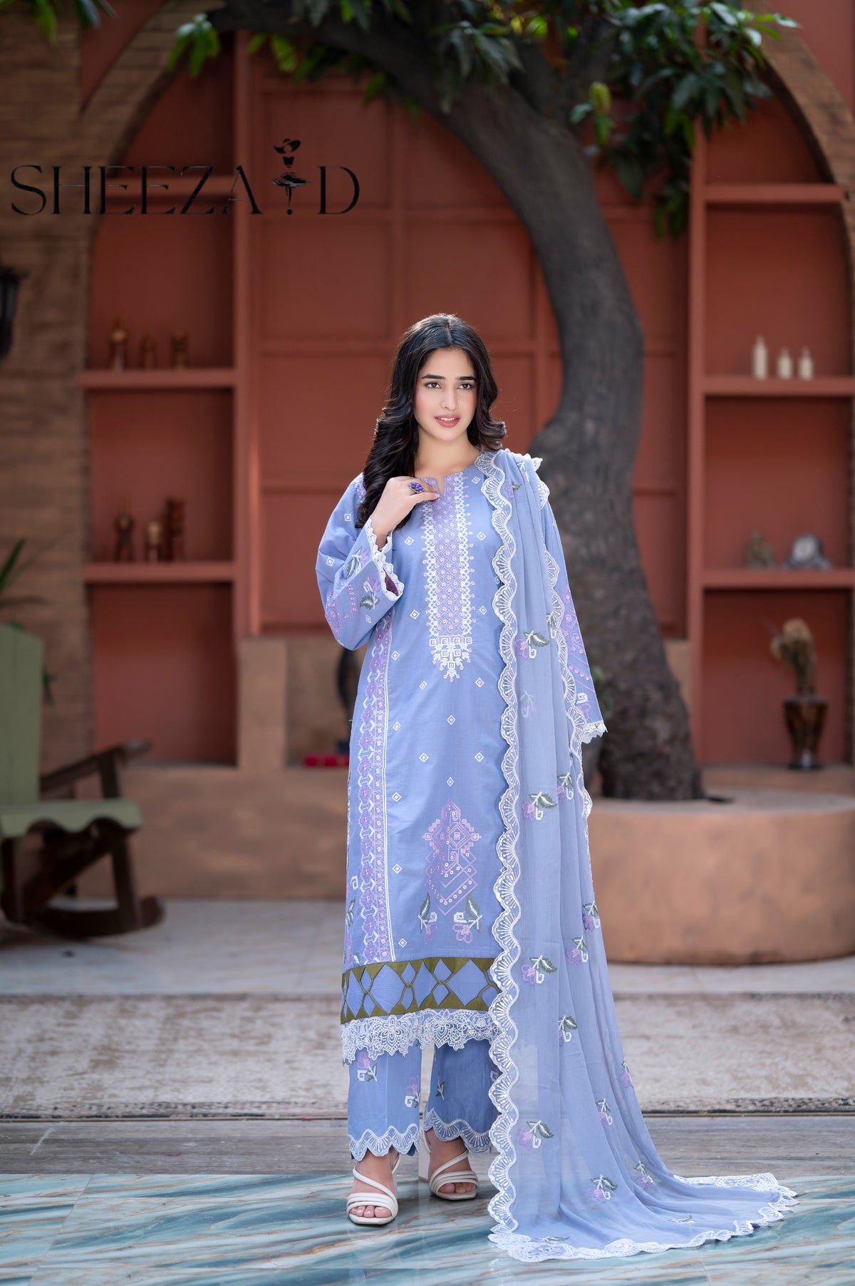 Sky Embroidered 3 Pcs Lawn Suit with Chiffon Dupatta