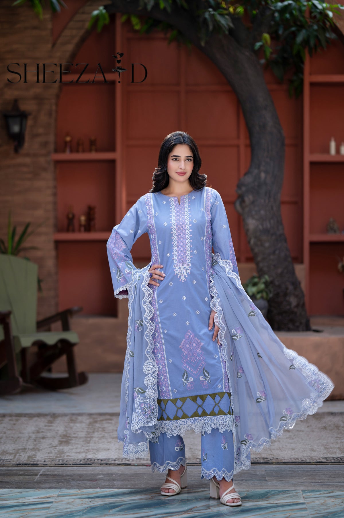 Sky Embroidered 3 Pcs Lawn Suit with Chiffon Dupatta