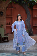 Sky Embroidered 3 Pcs Lawn Suit with Chiffon Dupatta