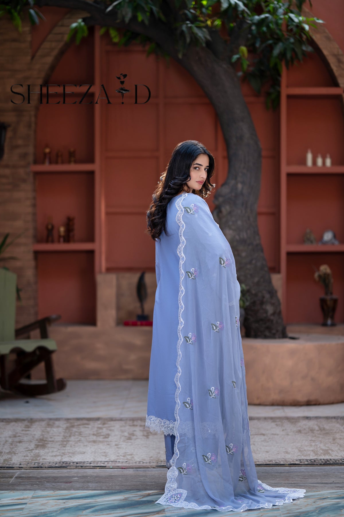 Sky Embroidered 3 Pcs Lawn Suit with Chiffon Dupatta
