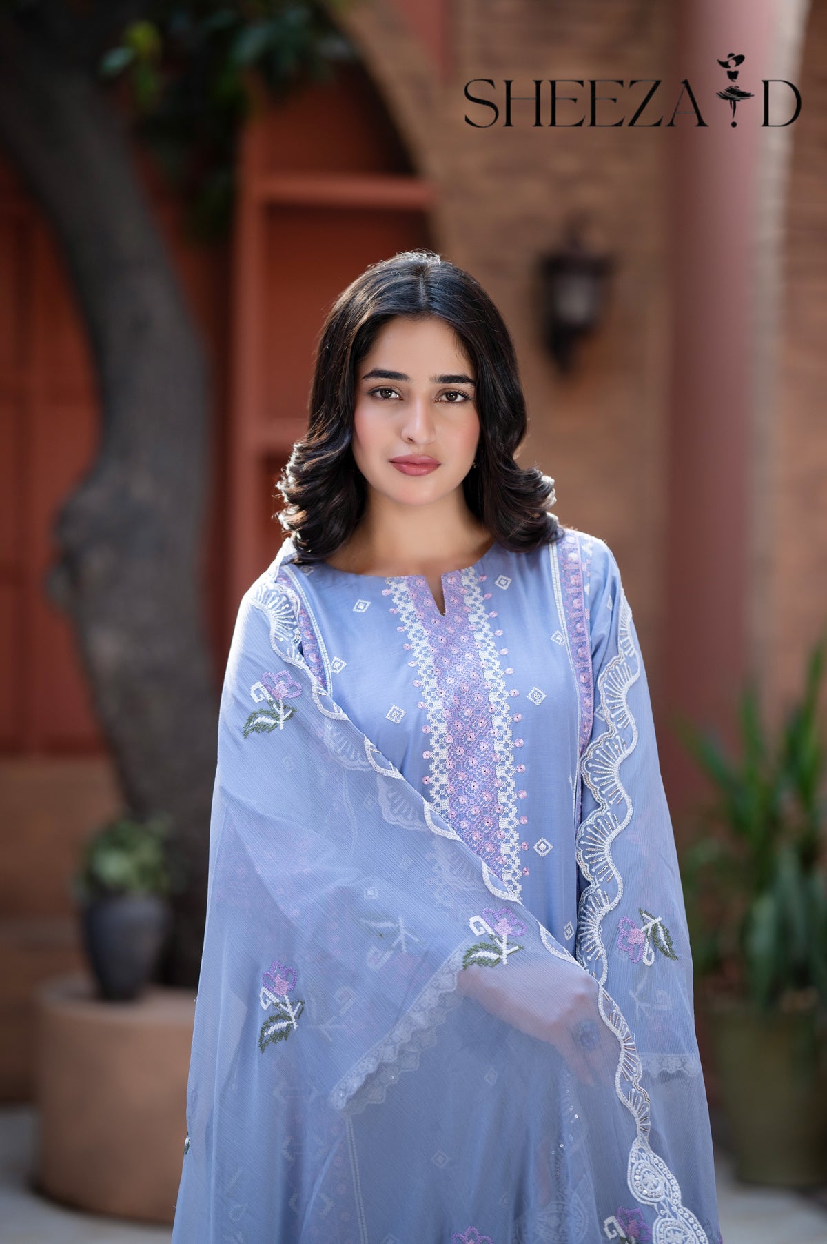 Sky Embroidered 3 Pcs Lawn Suit with Chiffon Dupatta