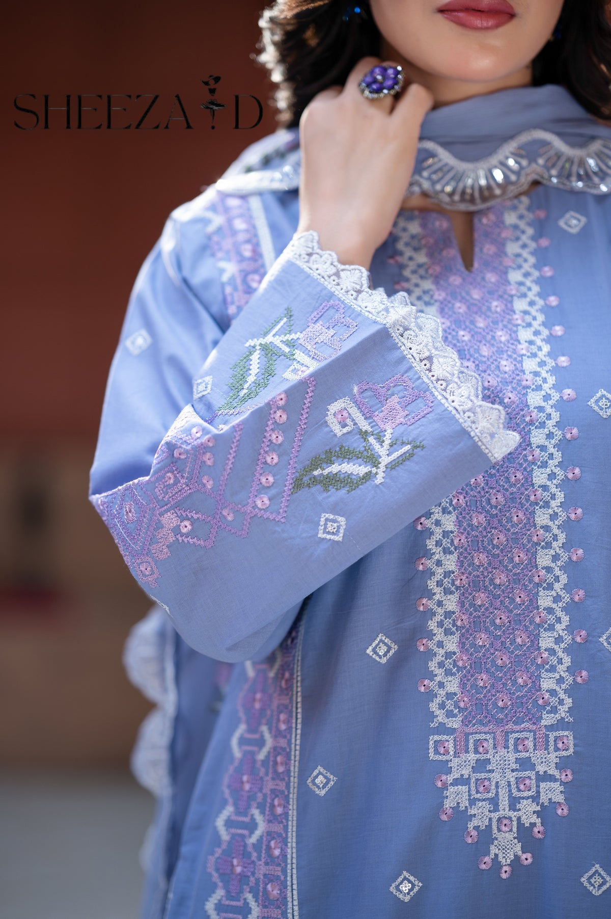 Sky Embroidered 3 Pcs Lawn Suit with Chiffon Dupatta