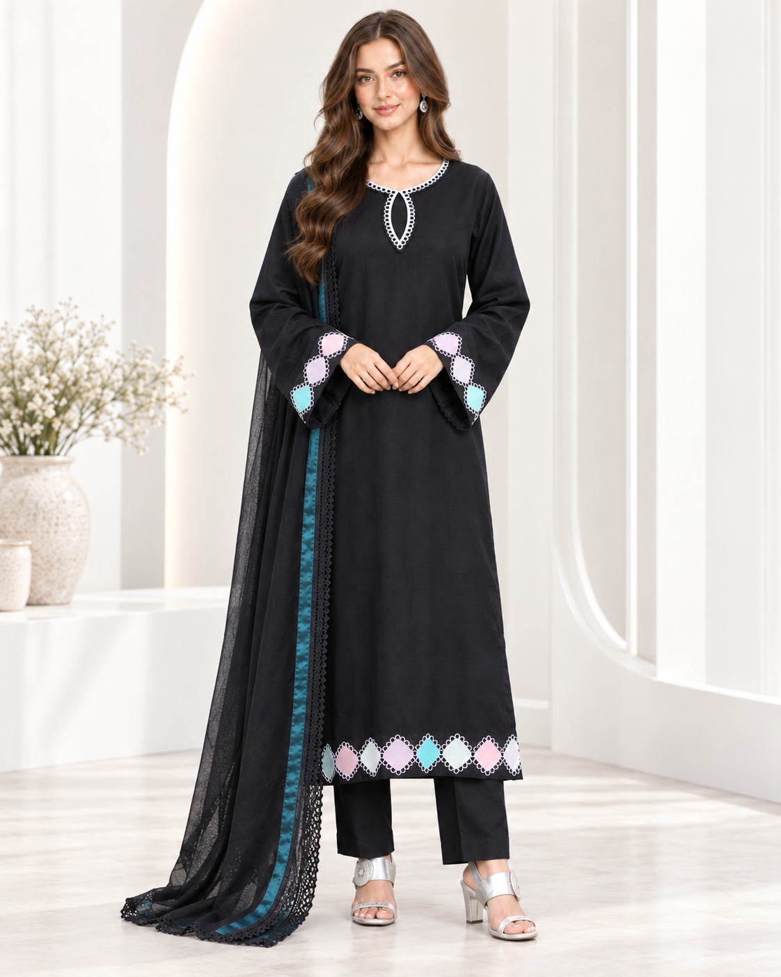 Noir Grace – Black Embroidered Viscose 3 Piece Suit