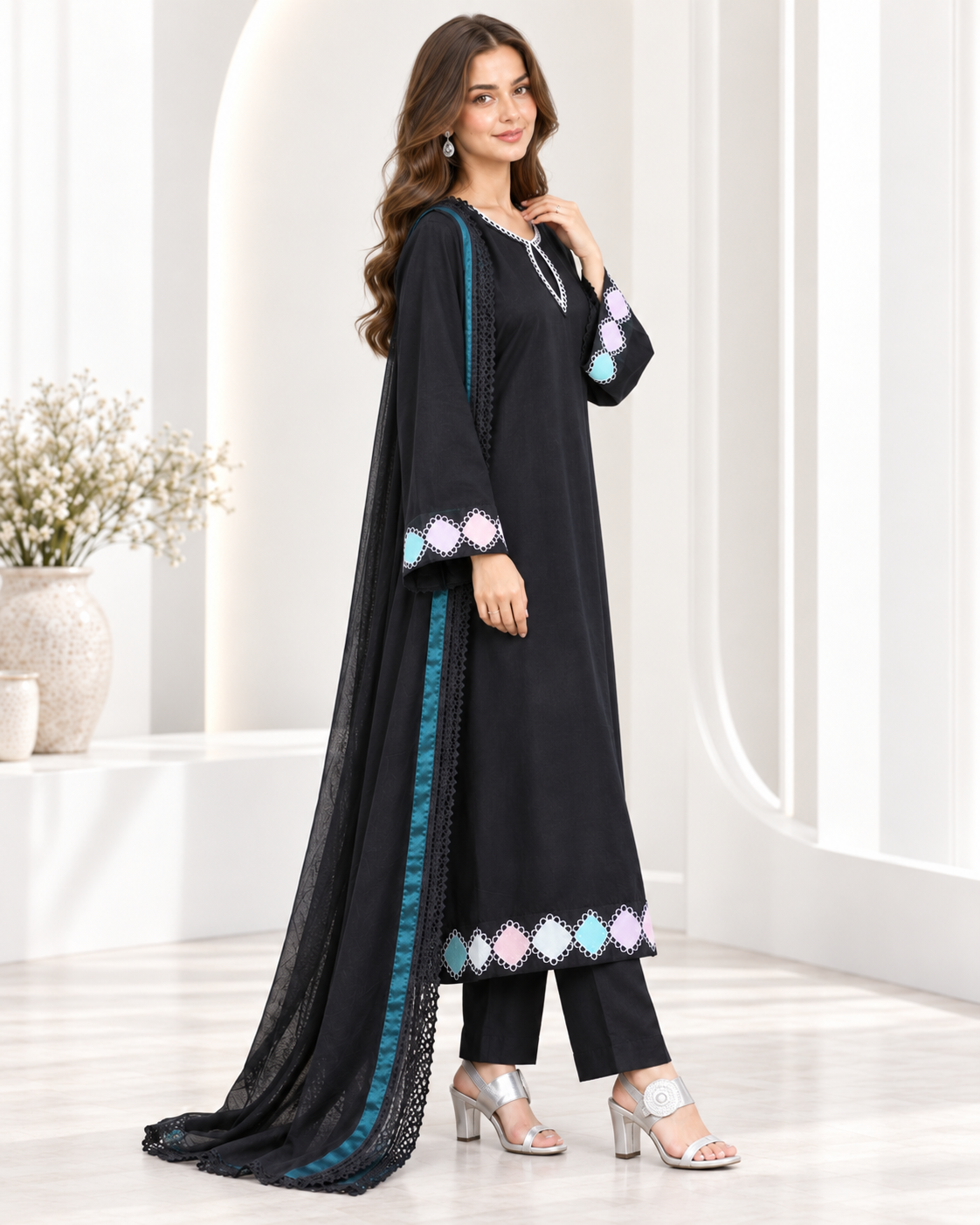 Noir Grace – Black Embroidered Viscose 3 Piece Suit