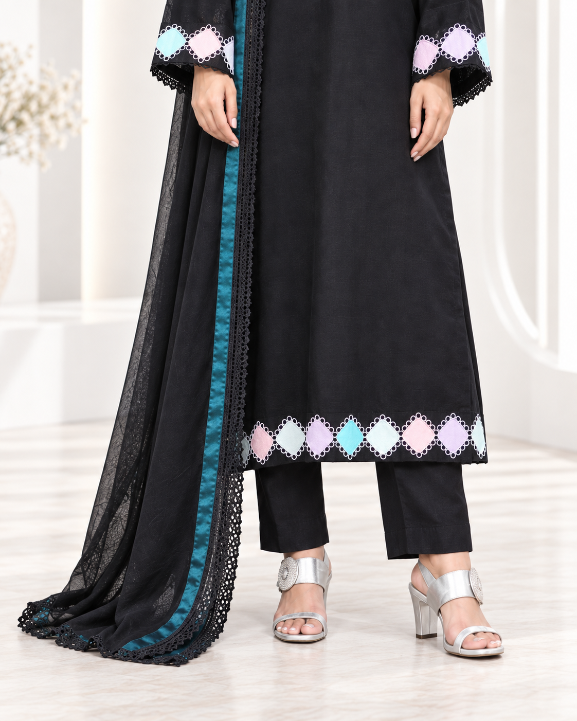 Noir Grace – Black Embroidered Viscose 3 Piece Suit