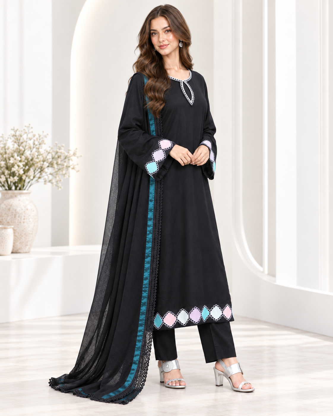Noir Grace – Black Embroidered Viscose 3 Piece Suit