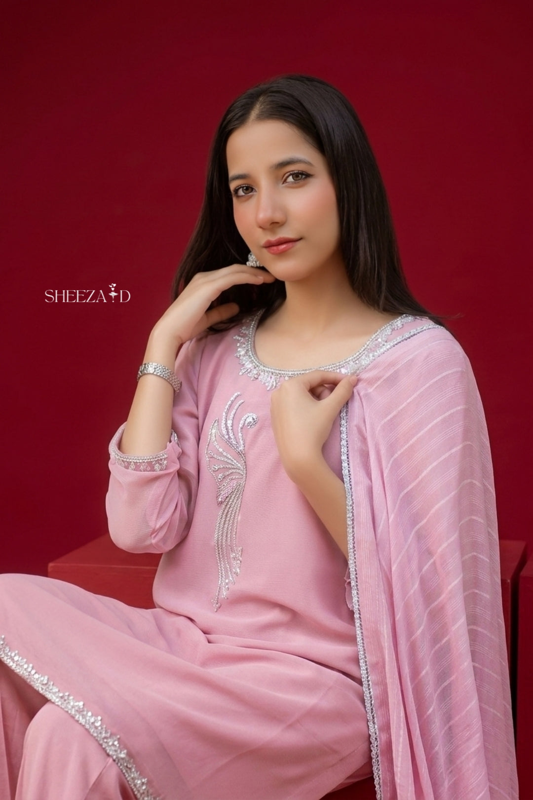 Blush Pink Elegance – Chiffon Kurta with Raw Silk Palazzo