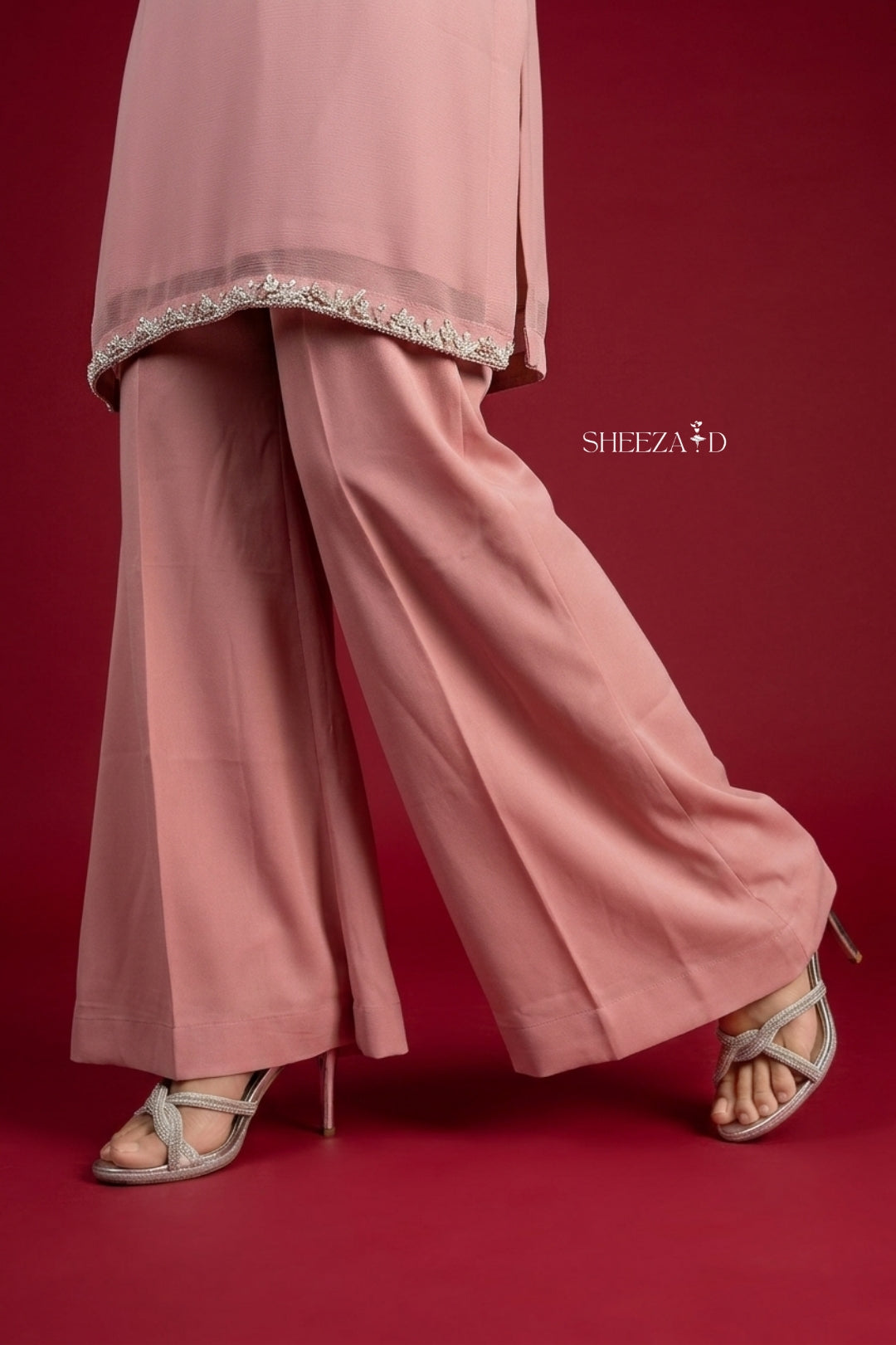 Blush Pink Elegance – Chiffon Kurta with Raw Silk Palazzo