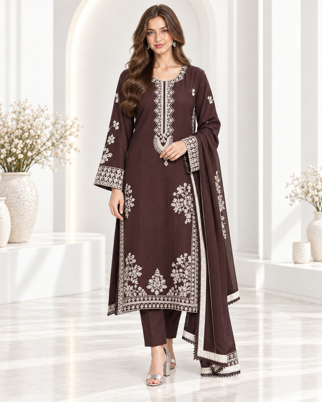 Brown Elegance – Embroidered Viscose 3-Piece Suit
