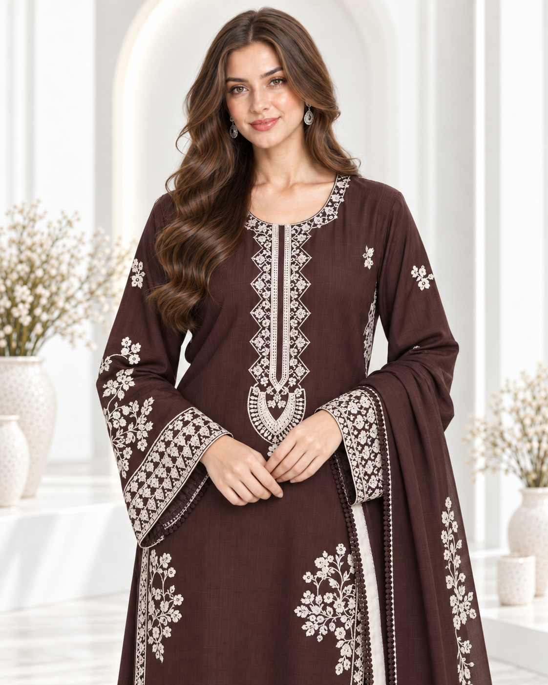 Brown Elegance – Embroidered Viscose 3-Piece Suit