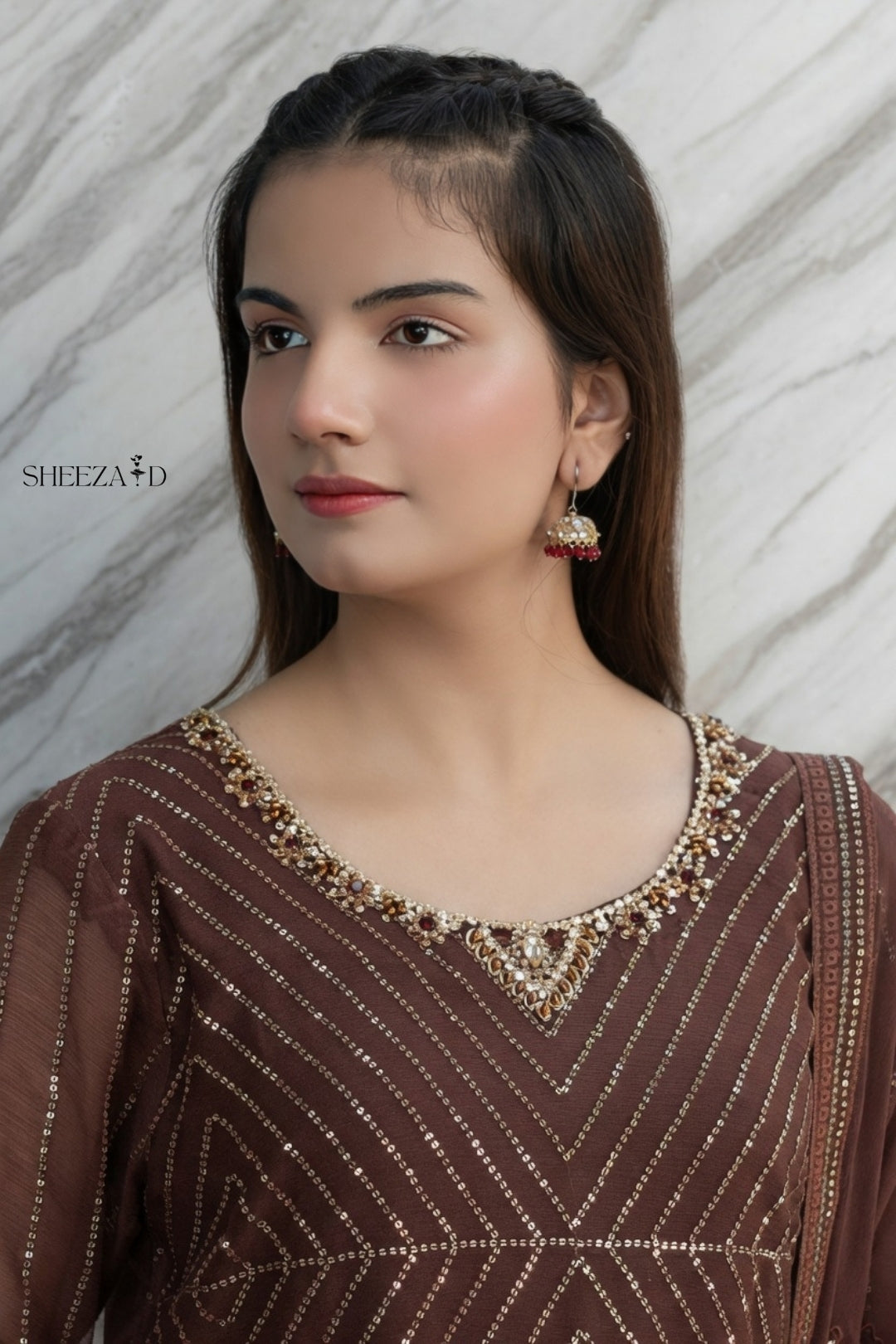 Noor-e-Brown Chiffon Embroidered 3-Piece Suit