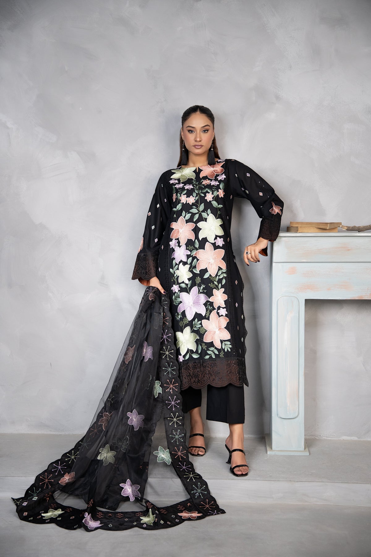 Black Lawn 3 Piece Multi Floral Embroidered Suit