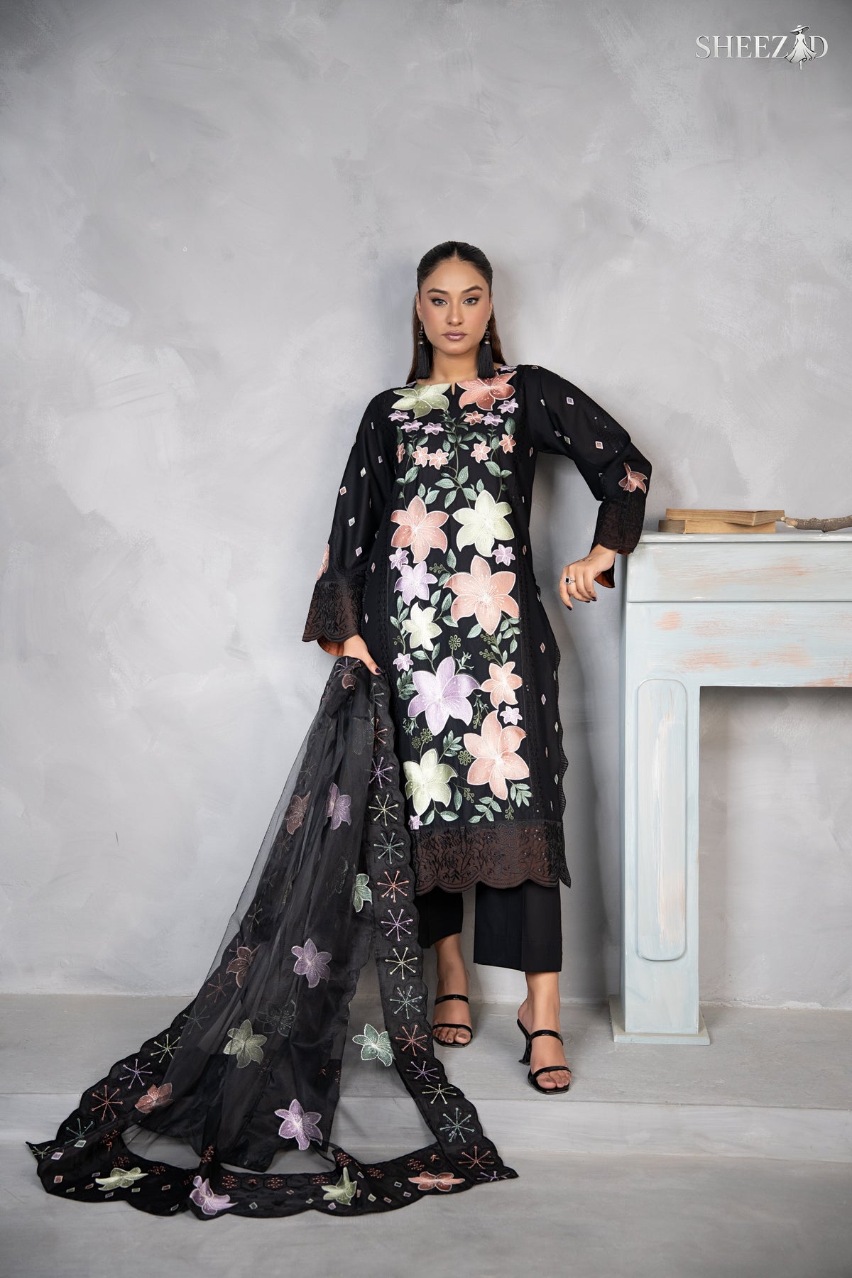 Black Lawn 3 Piece Multi Floral Embroidered Suit