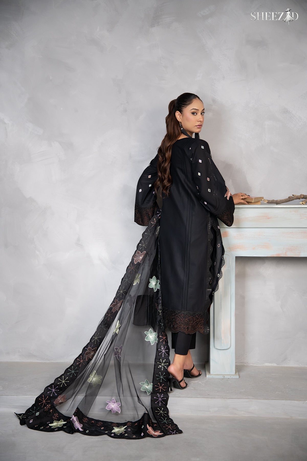 Black Lawn 3 Piece Multi Floral Embroidered Suit