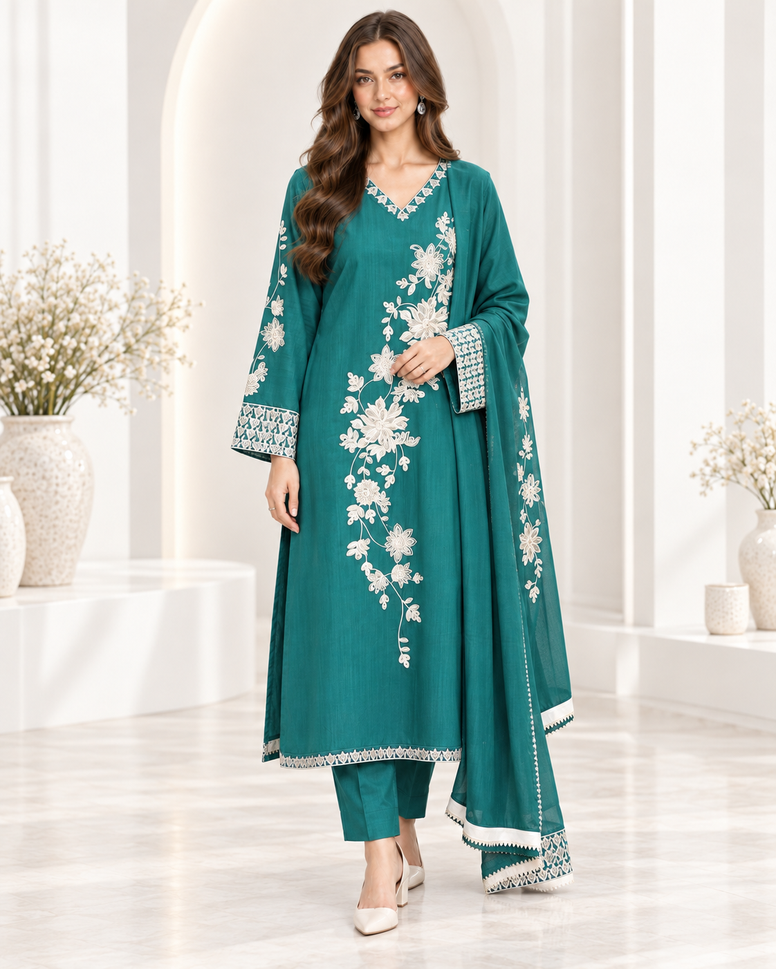 Emerald Bloom – Green Embroidered Viscose 3 Piece Suit