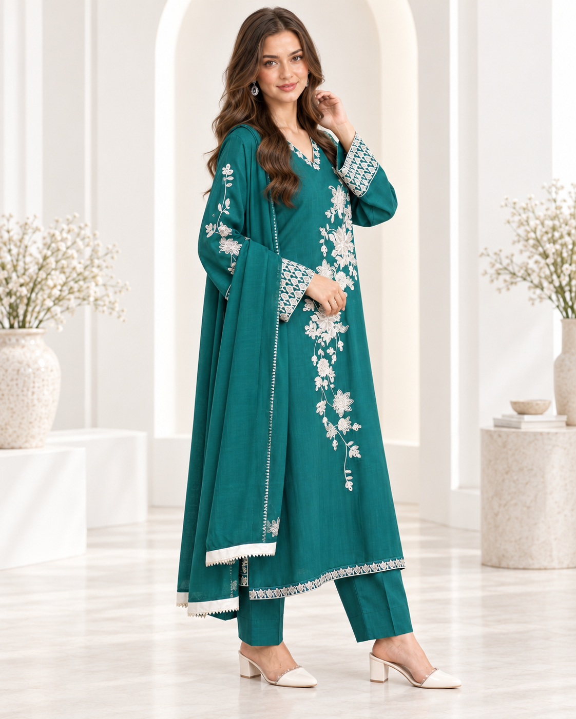 Emerald Bloom – Green Embroidered Viscose 3 Piece Suit