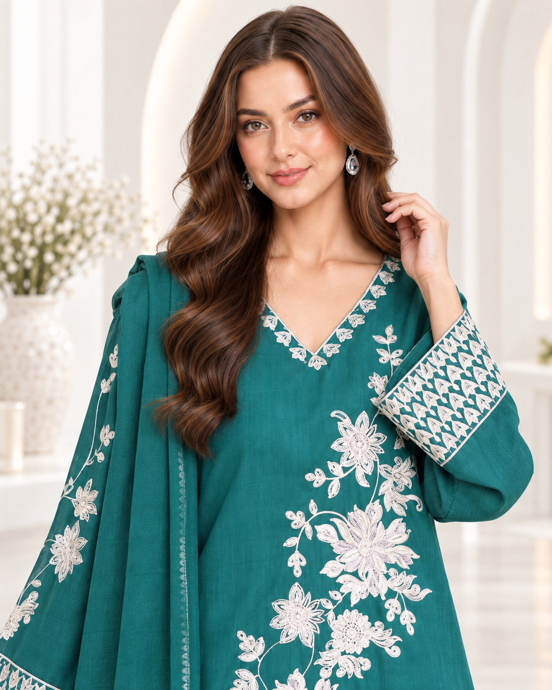 Emerald Bloom – Green Embroidered Viscose 3 Piece Suit