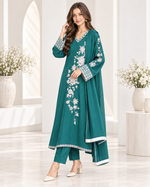 Emerald Bloom – Green Embroidered Viscose 3 Piece Suit