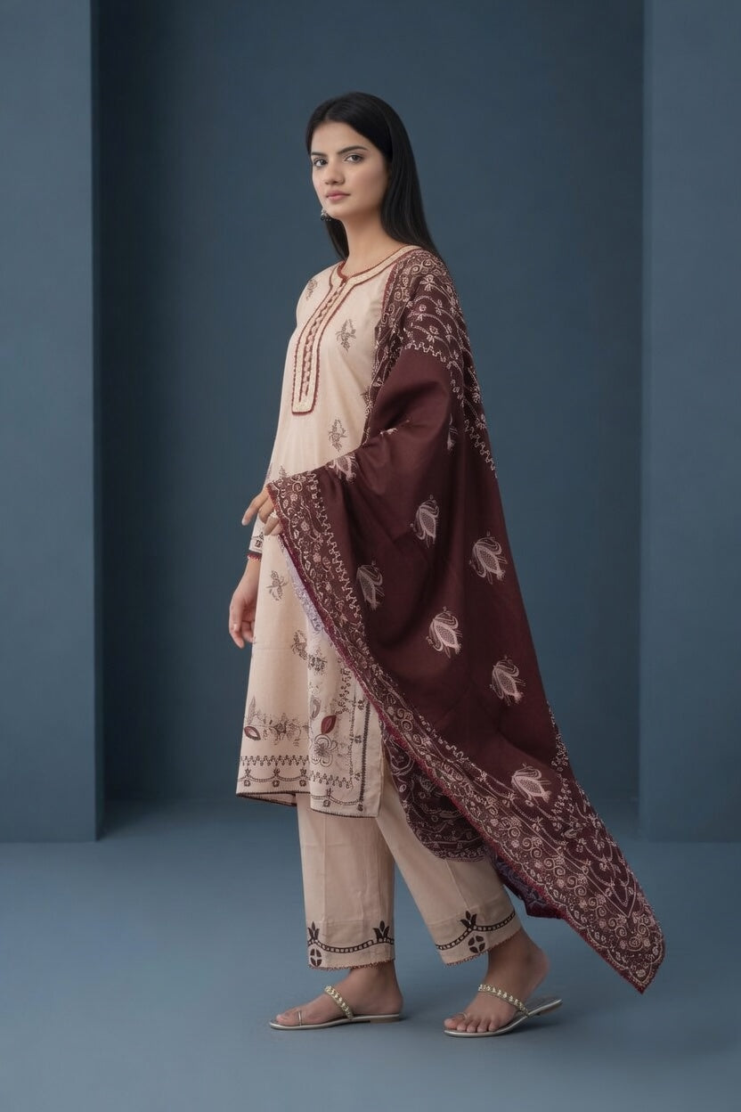 Beige & Maroon Grace Lawn Suit