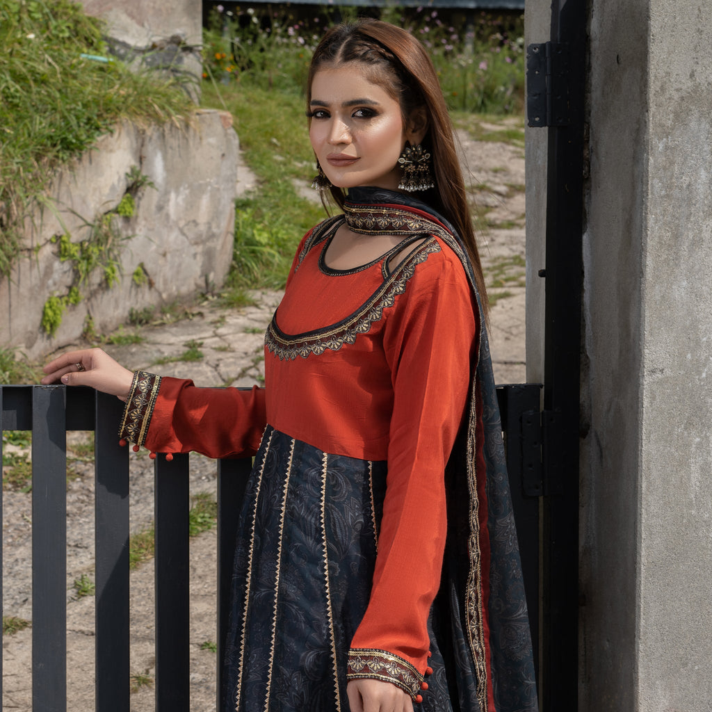 Printed Orange Embroidered Maxi 3-Piece Festive Pret