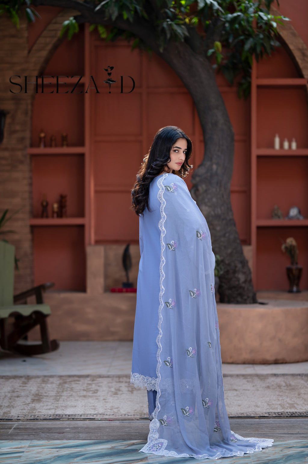 Sky Embroidered 3 Pcs Lawn Suit with Chiffon Dupatta