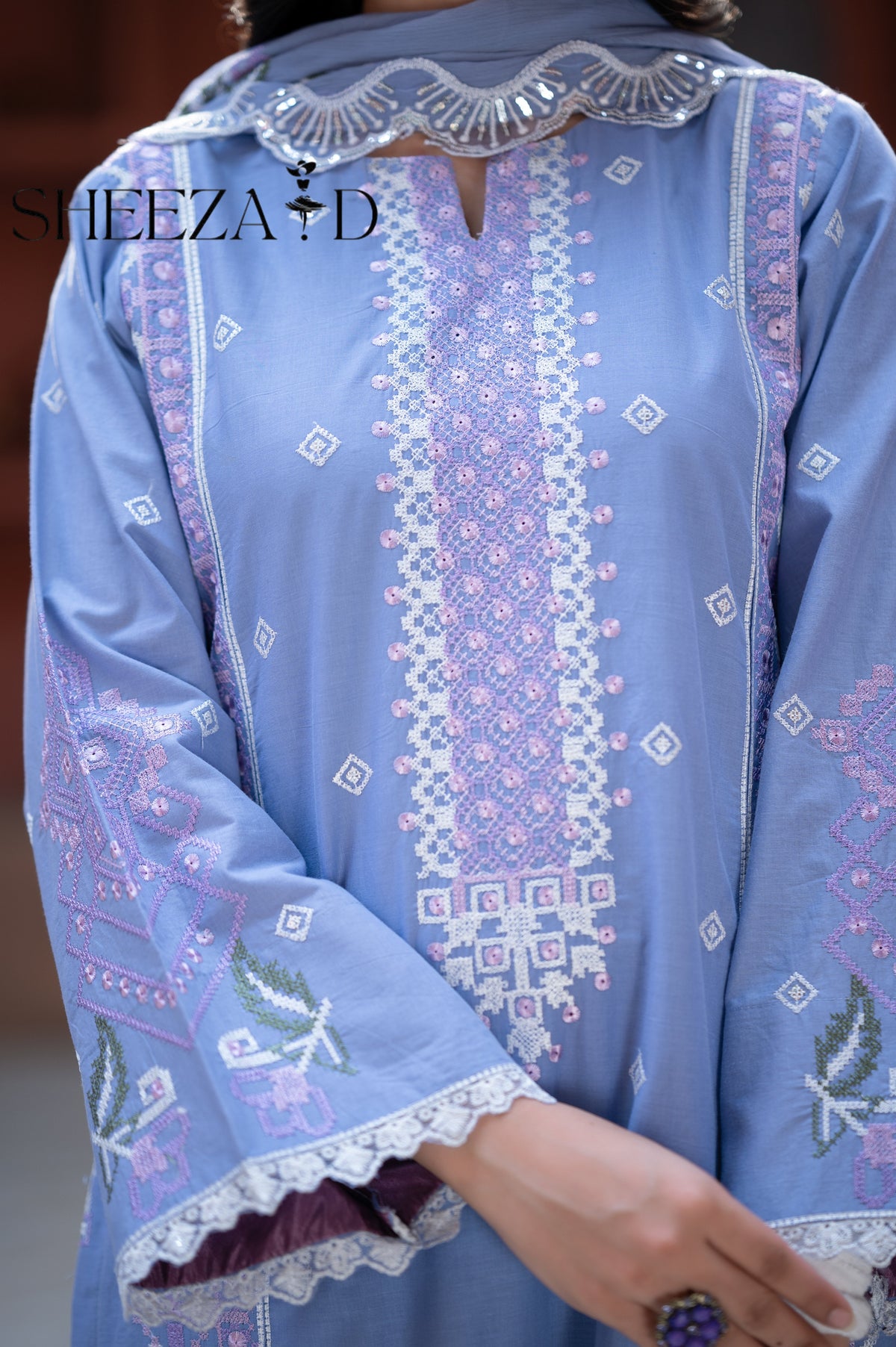 Sky Embroidered 3 Pcs Lawn Suit with Chiffon Dupatta