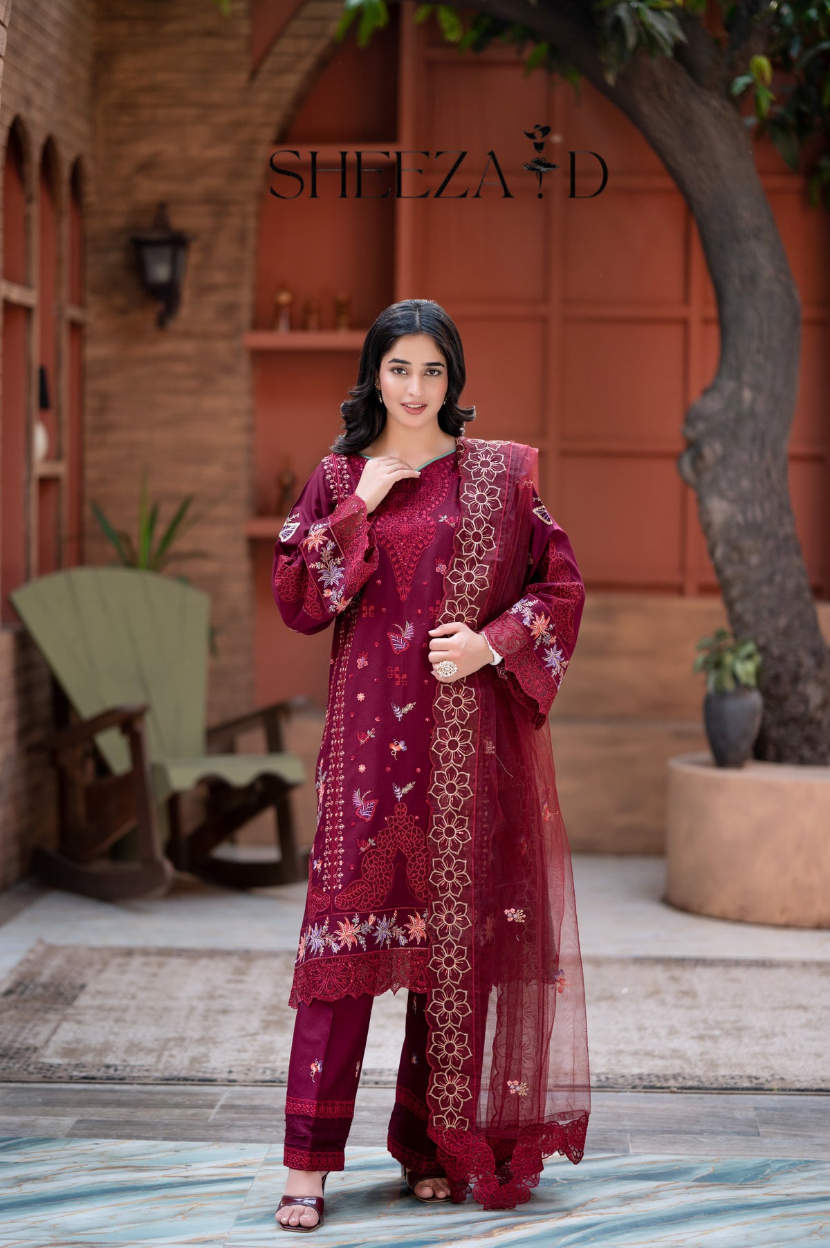 Mahroon Luxury Embroidered 3 Piece Lawn Suit