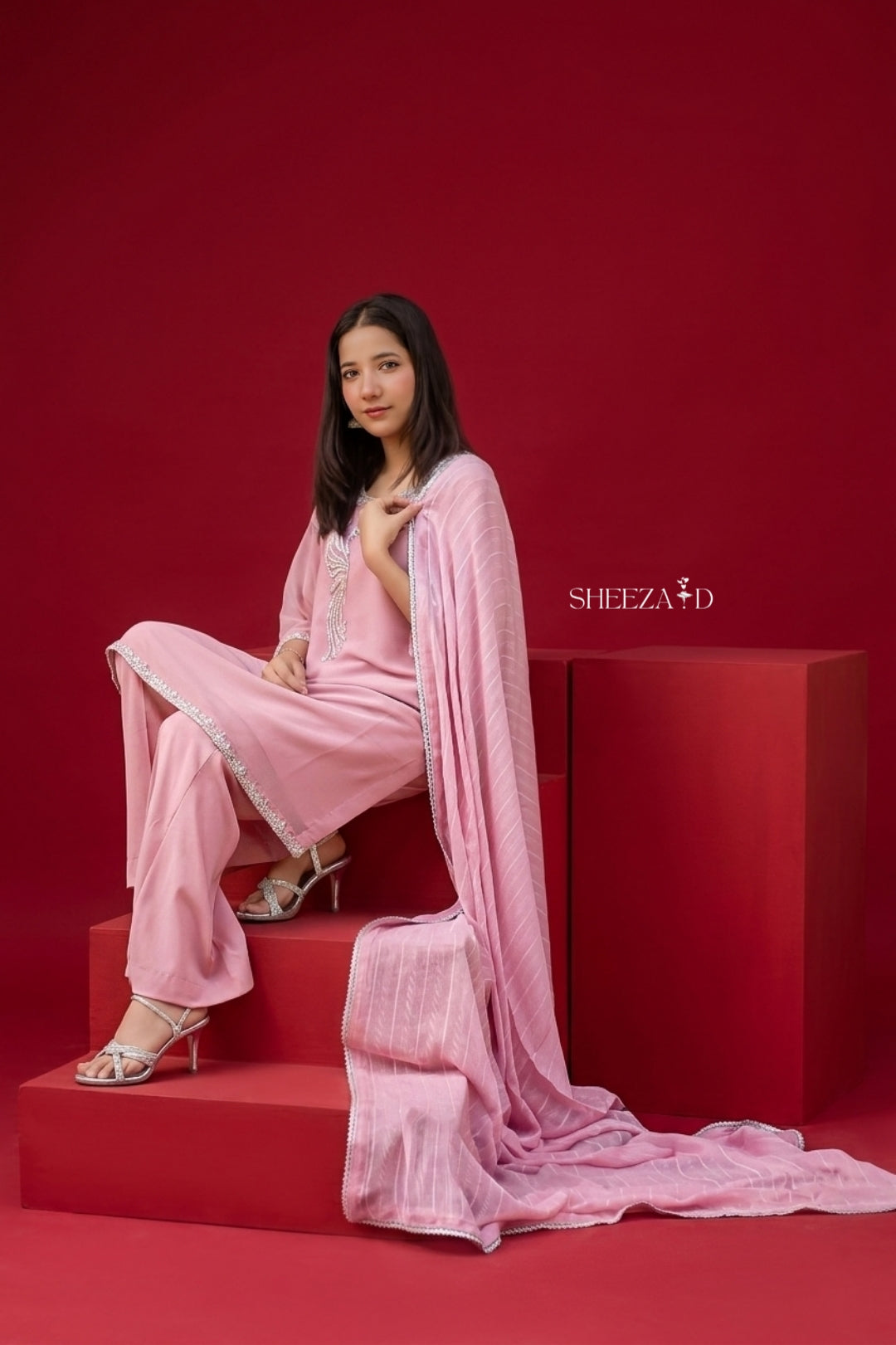 Blush Pink Elegance – Chiffon Kurta with Raw Silk Palazzo