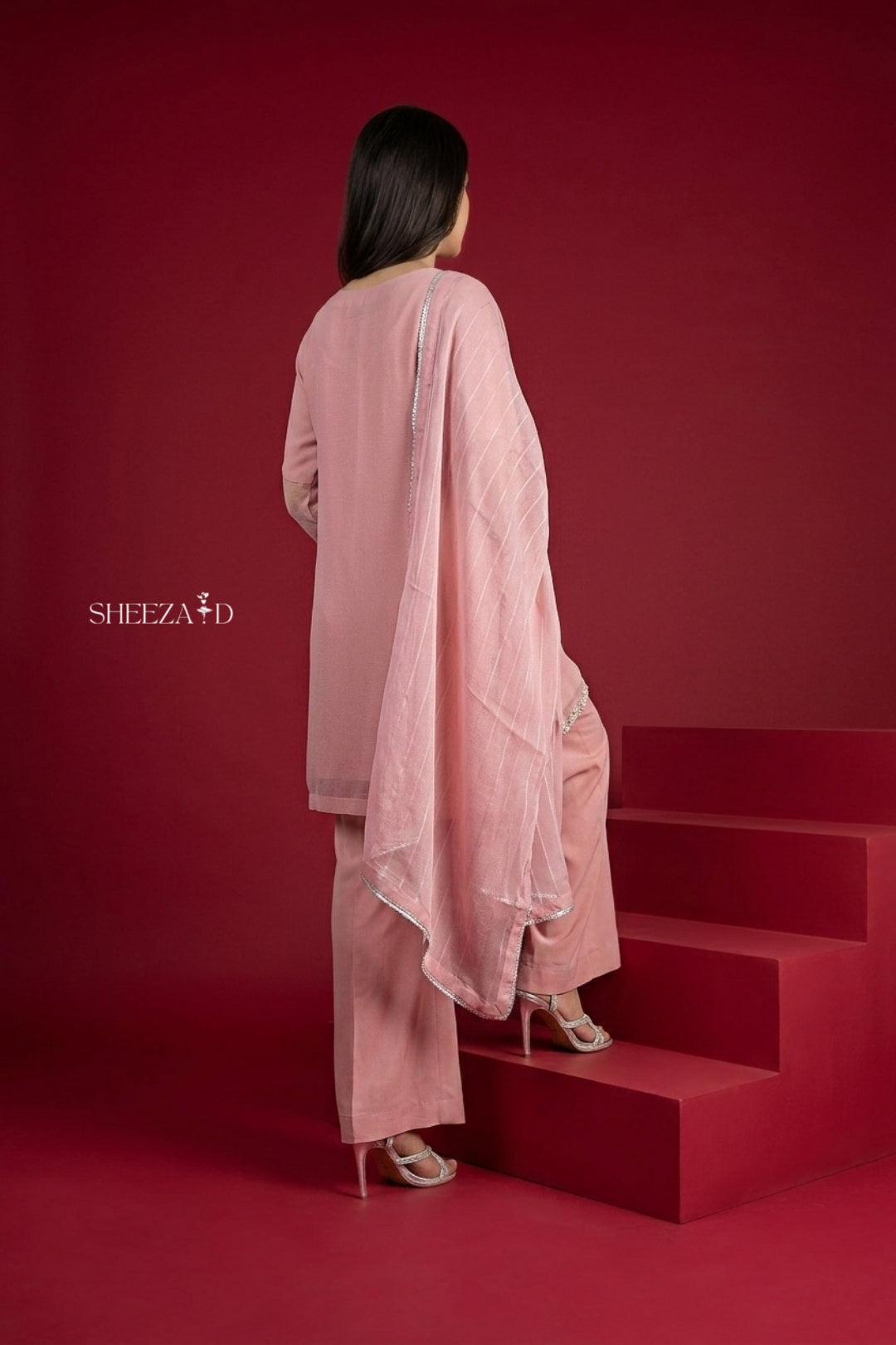 Blush Pink Elegance – Chiffon Kurta with Raw Silk Palazzo