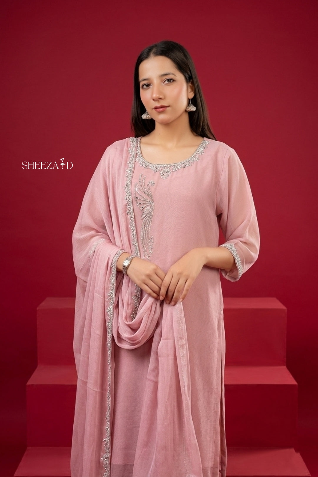 Blush Pink Elegance – Chiffon Kurta with Raw Silk Palazzo