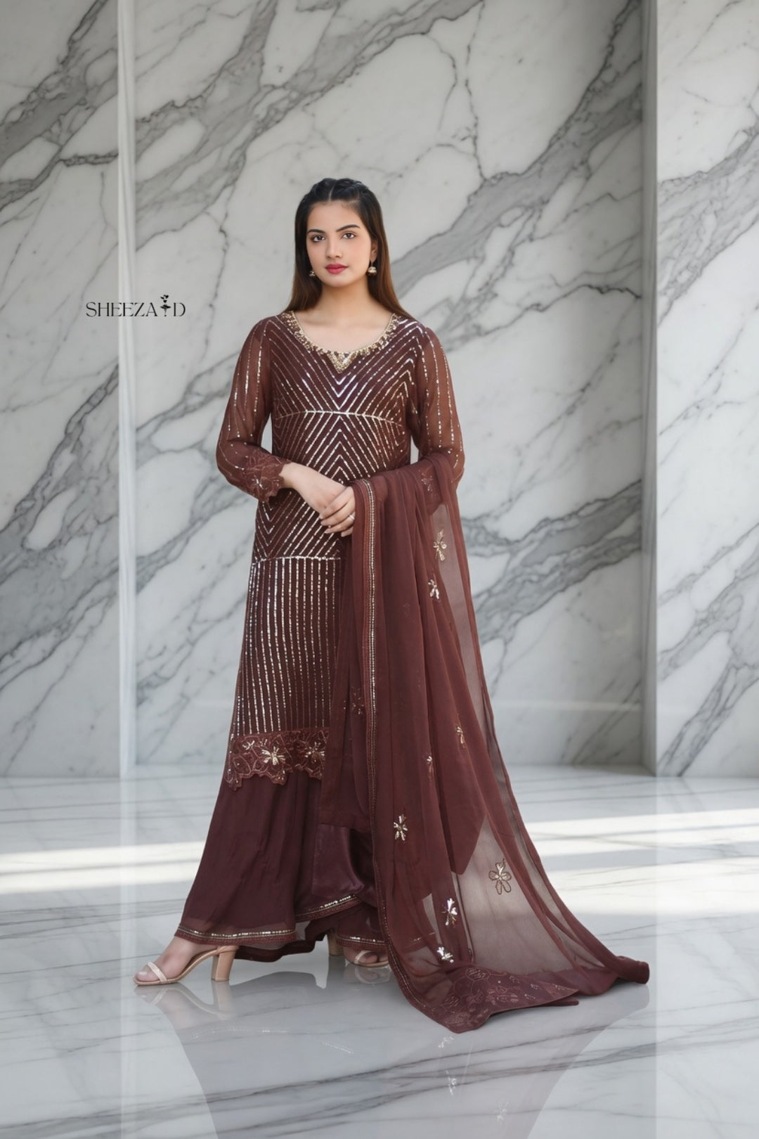 Noor-e-Brown Chiffon Embroidered 3-Piece Suit