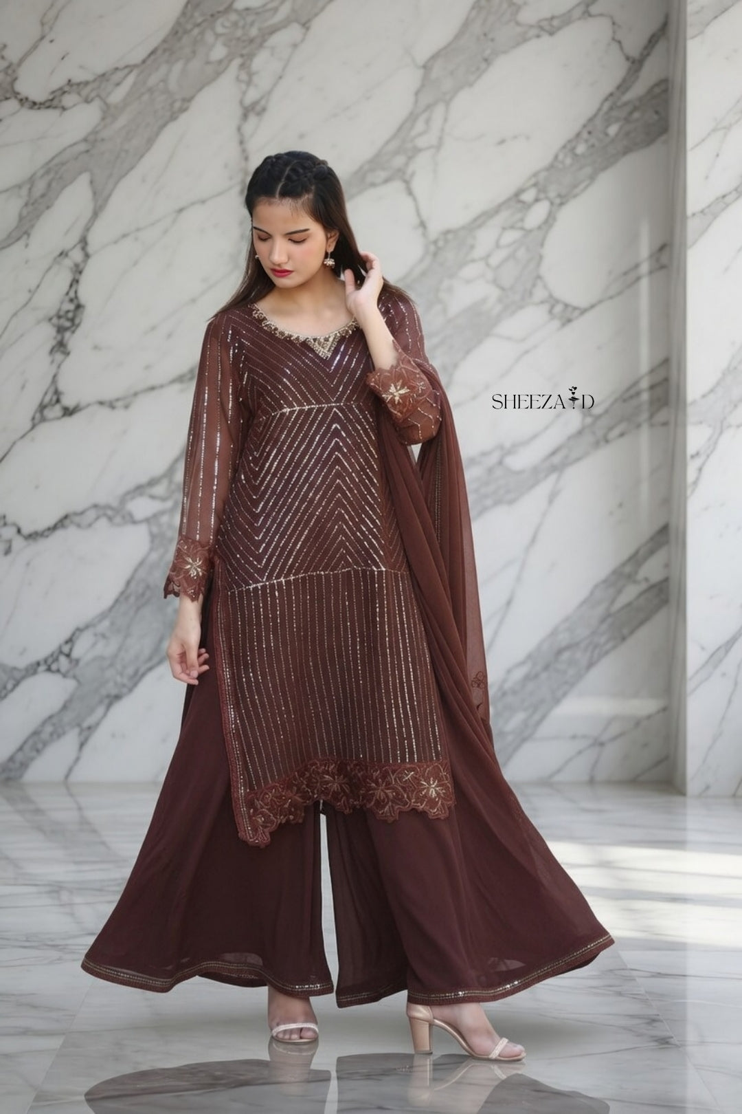 Noor-e-Brown Chiffon Embroidered 3-Piece Suit