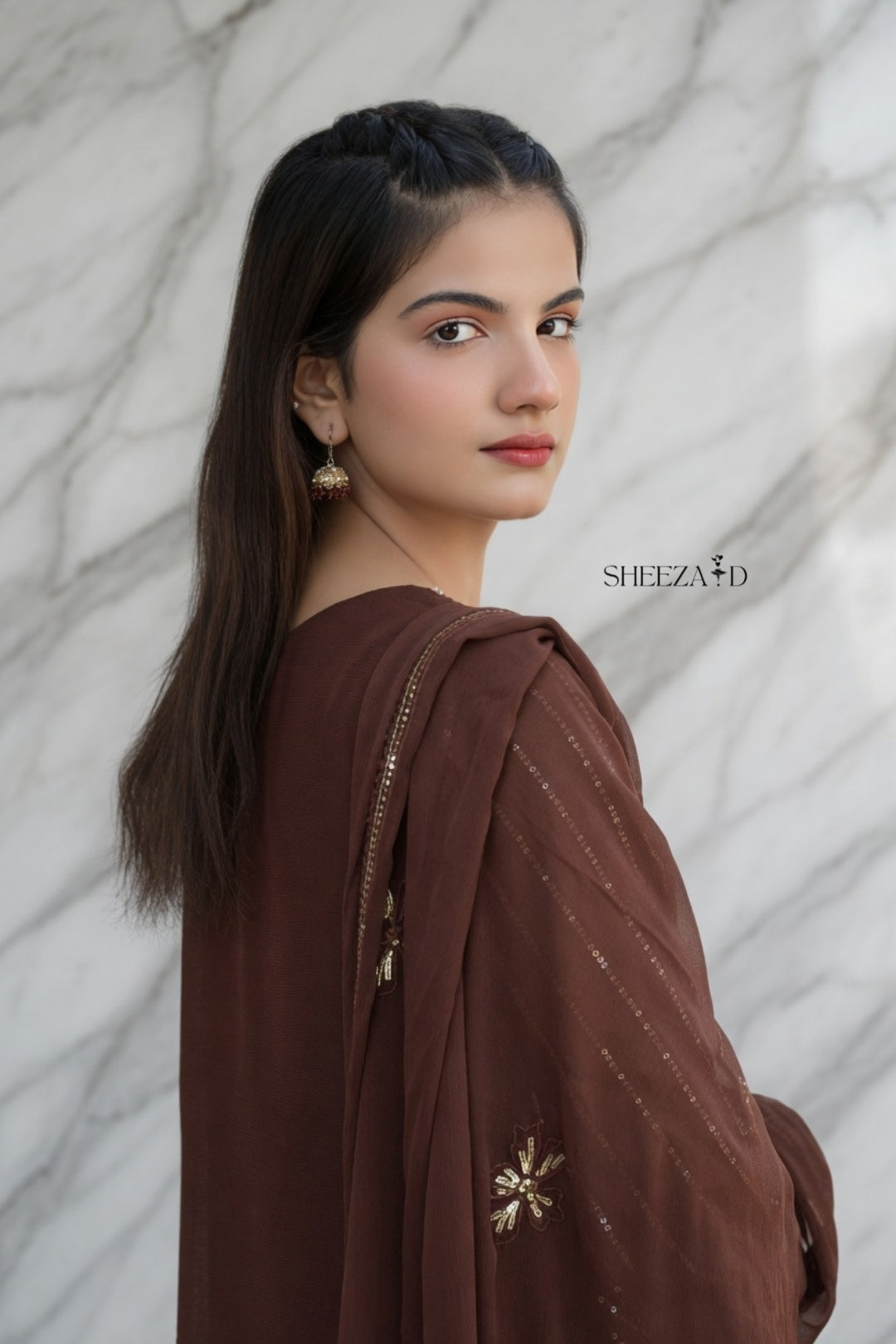 Noor-e-Brown Chiffon Embroidered 3-Piece Suit