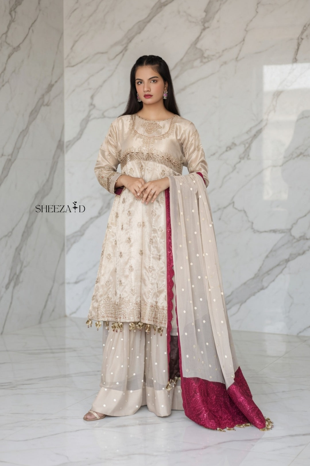 Skin Zari Silk Embroidered 3pcs Suit
