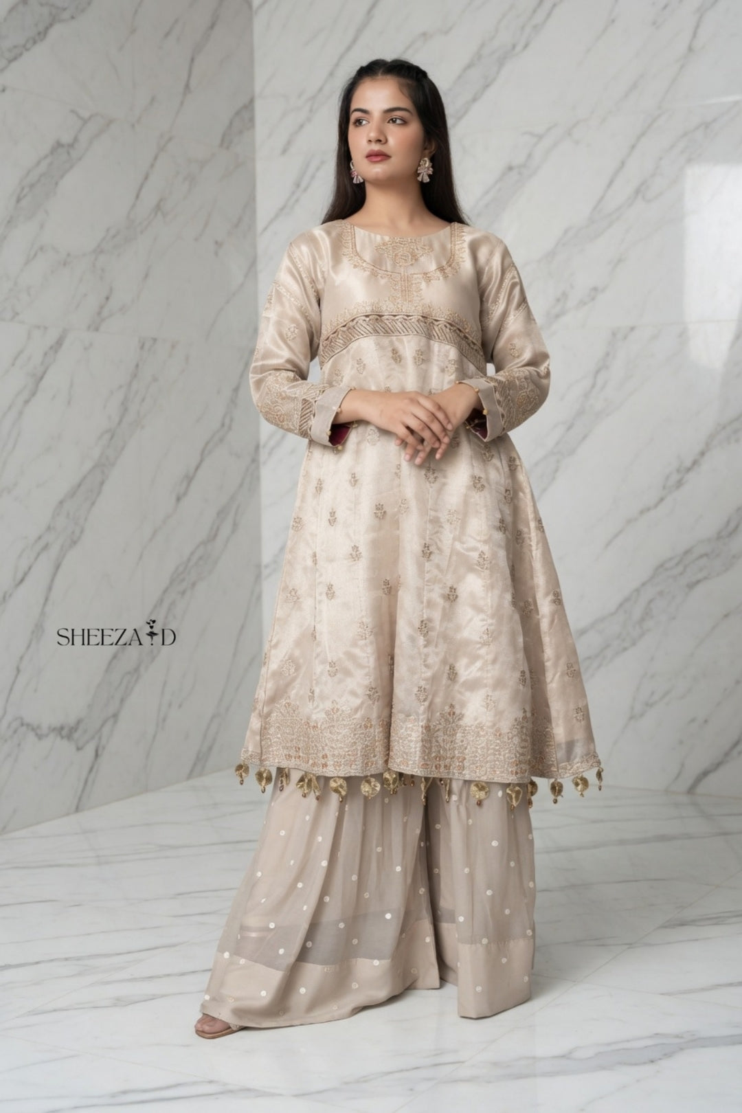 Skin Zari Silk Embroidered 3pcs Suit