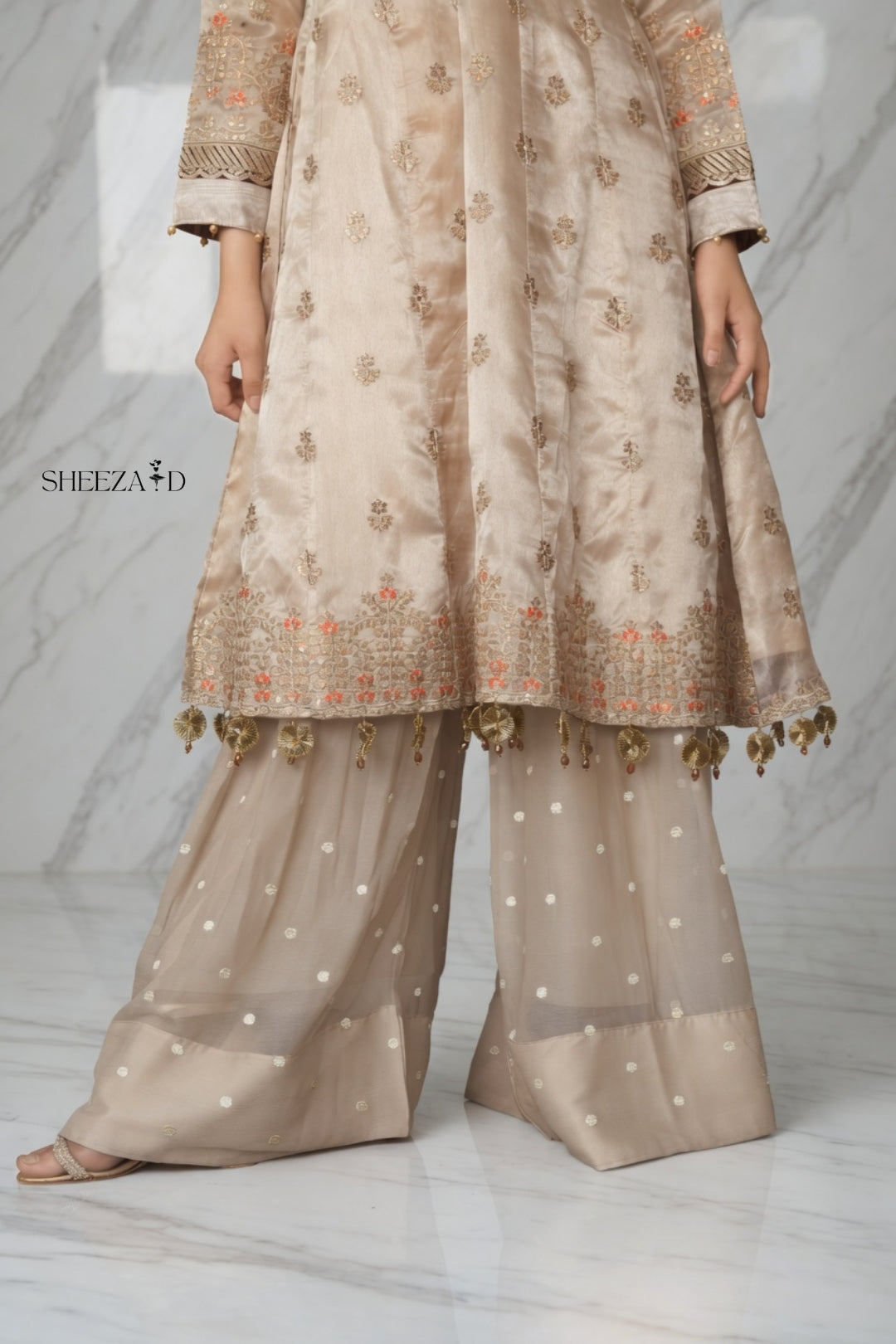 Skin Zari Silk Embroidered 3pcs Suit
