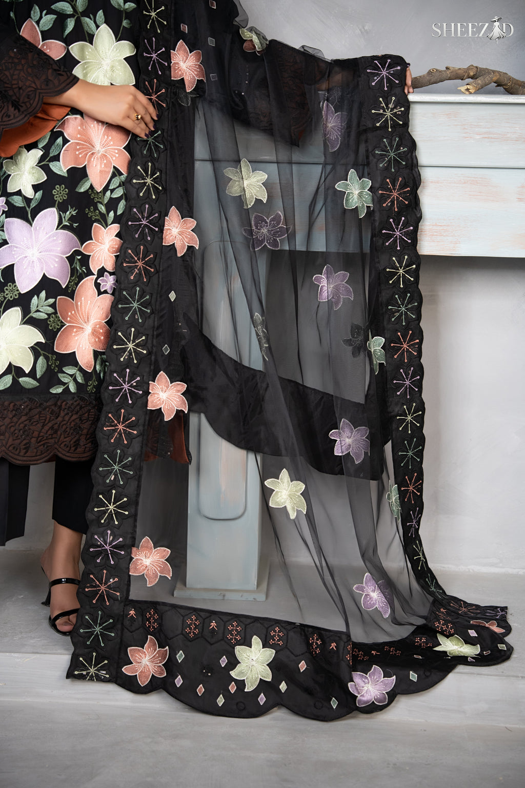 Black Lawn 3 Piece Multi Floral Embroidered Suit