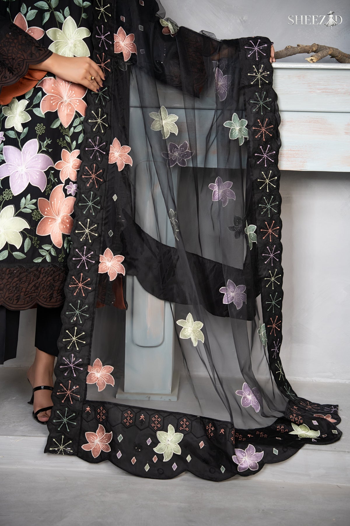 Black Lawn 3 Piece Multi Floral Embroidered Suit