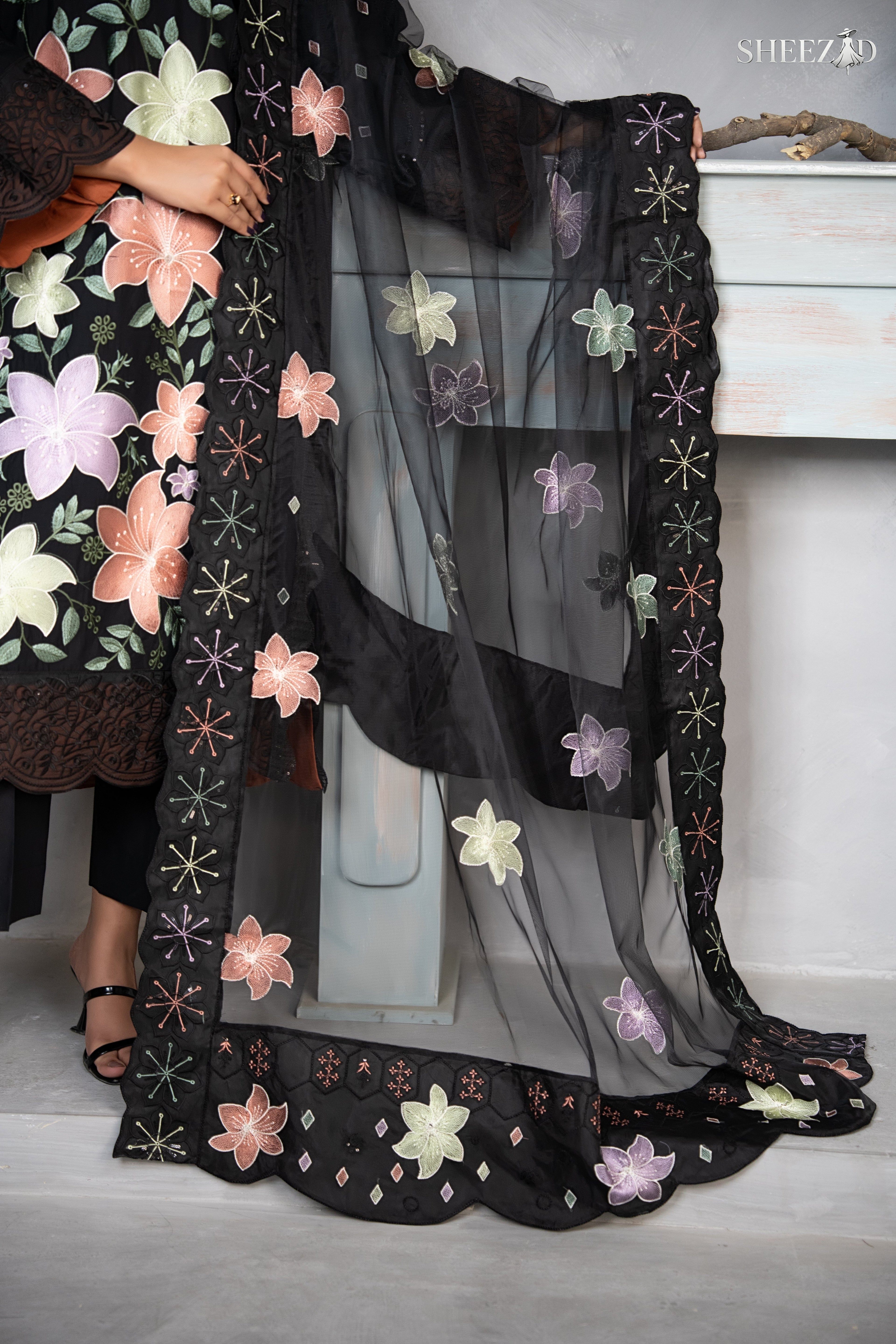 Black Lawn 3 Piece Multi Floral Embroidered Suit
