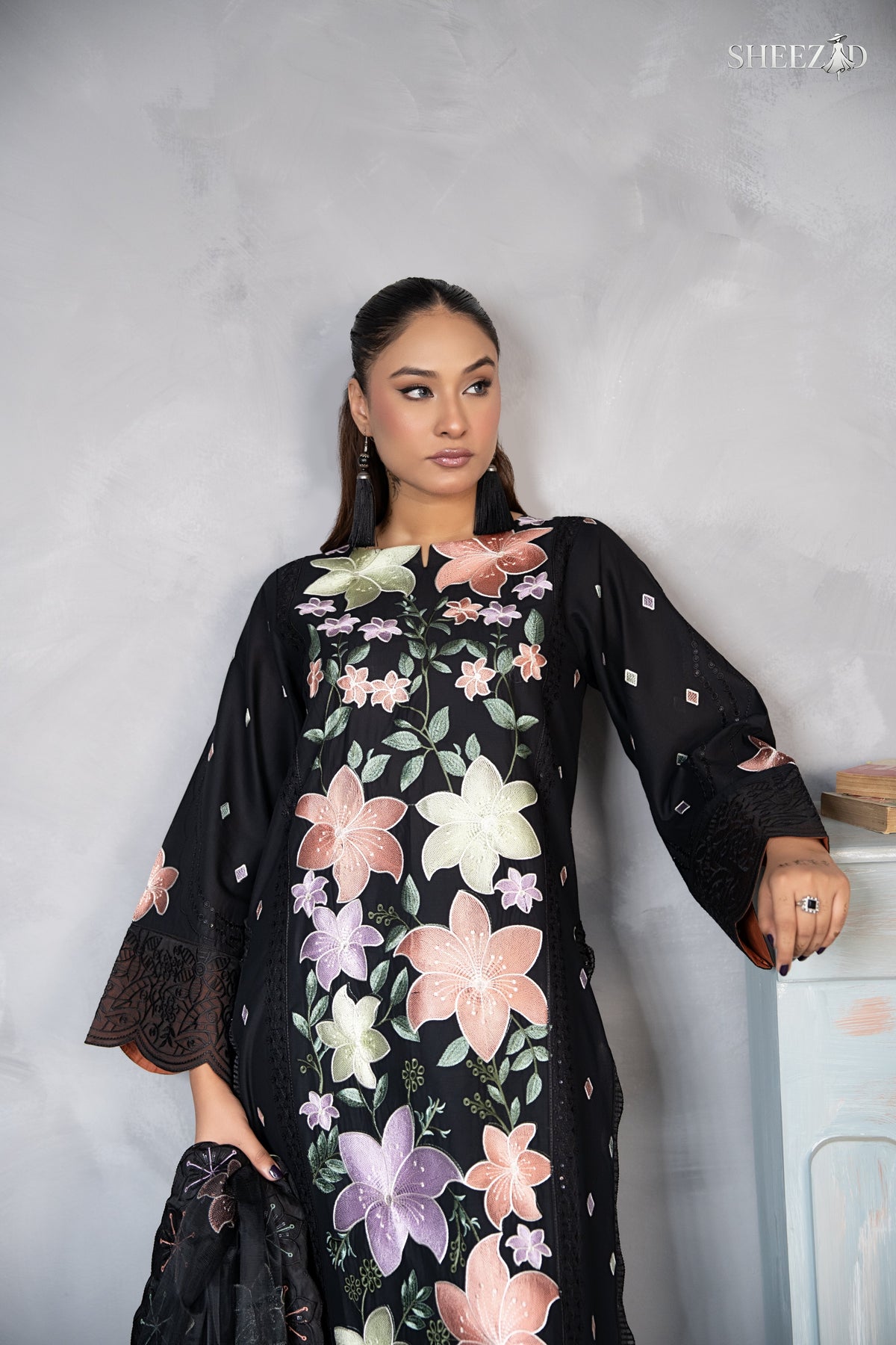 Black Lawn 3 Piece Multi Floral Embroidered Suit