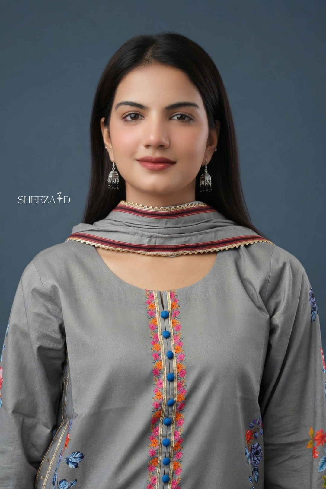Grey Floral 3-Piece Lawn Suit | SD-PR-01