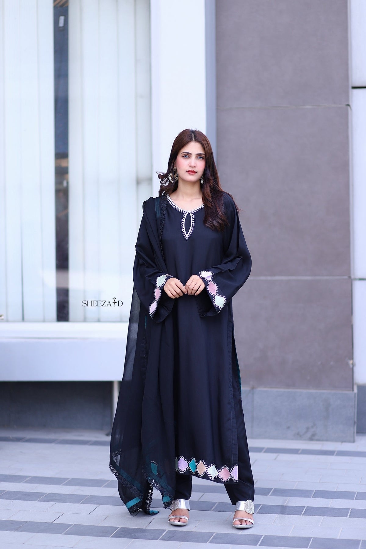 Noir Grace – Black Embroidered Viscose 3 Piece Suit