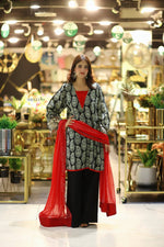 Black Printed Premium 3-Piece Suit with Red Chiffon Dupatta | Sheezabasics