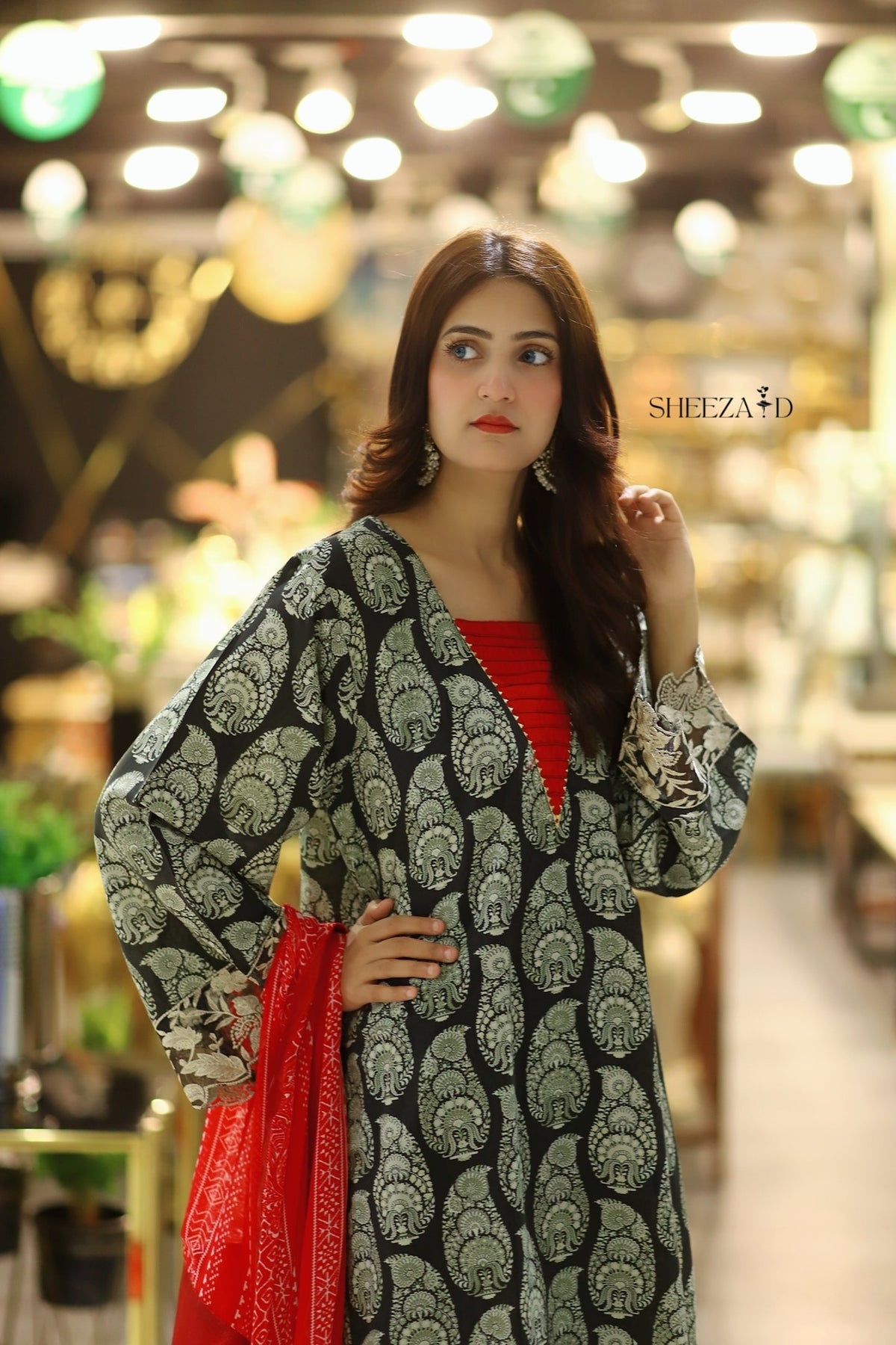 Black Printed Premium 3-Piece Suit with Red Chiffon Dupatta | Sheezabasics