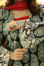 Black Printed Premium 3-Piece Suit with Red Chiffon Dupatta | Sheezabasics