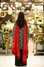 Black Printed Premium 3-Piece Suit with Red Chiffon Dupatta | Sheezabasics