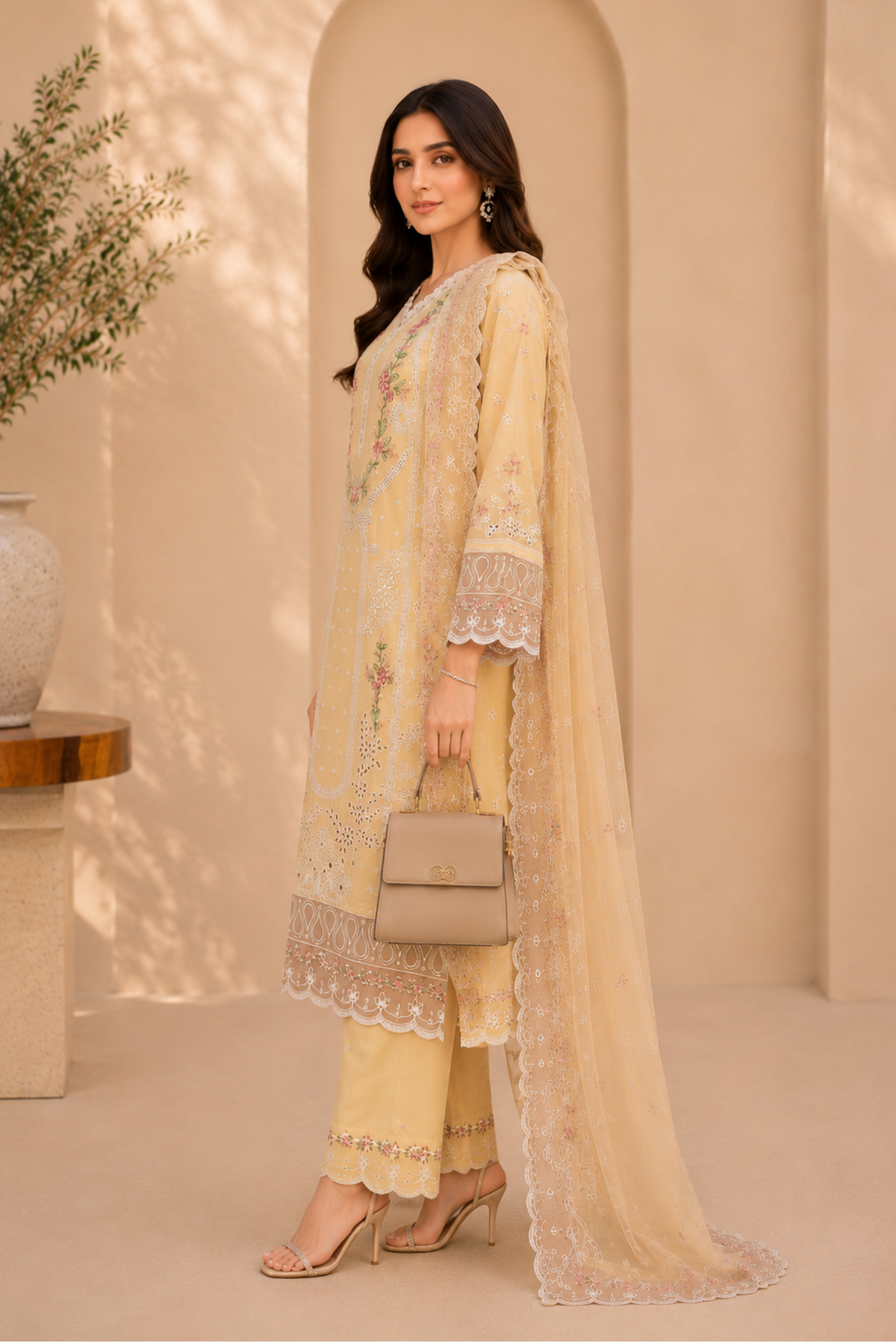 Skin Colour 3pcs Embroidered Lawn Suit | Global Fastion Edit's