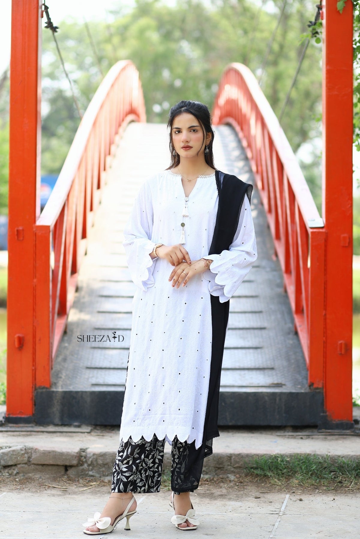 White Chicken Kari Lawn Suit With Black Printed Trouser