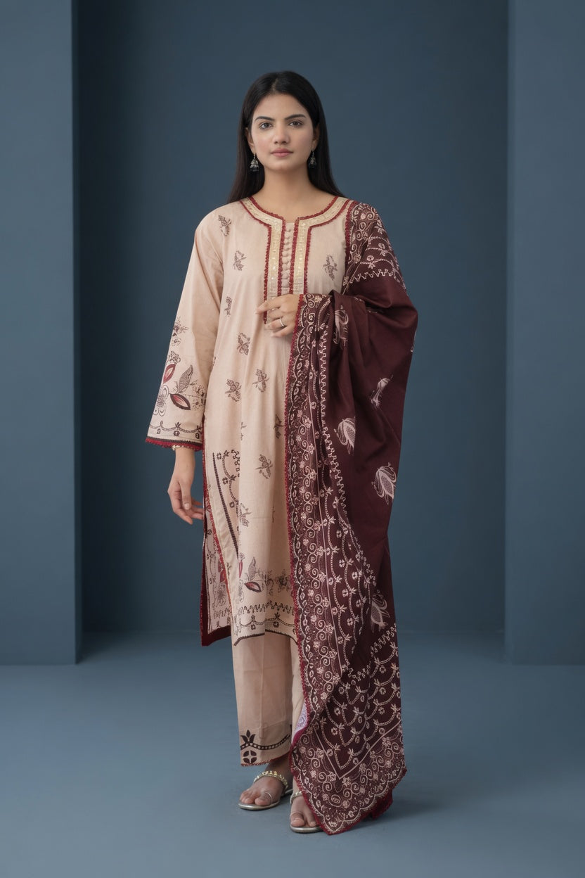 Beige & Maroon Grace Lawn Suit